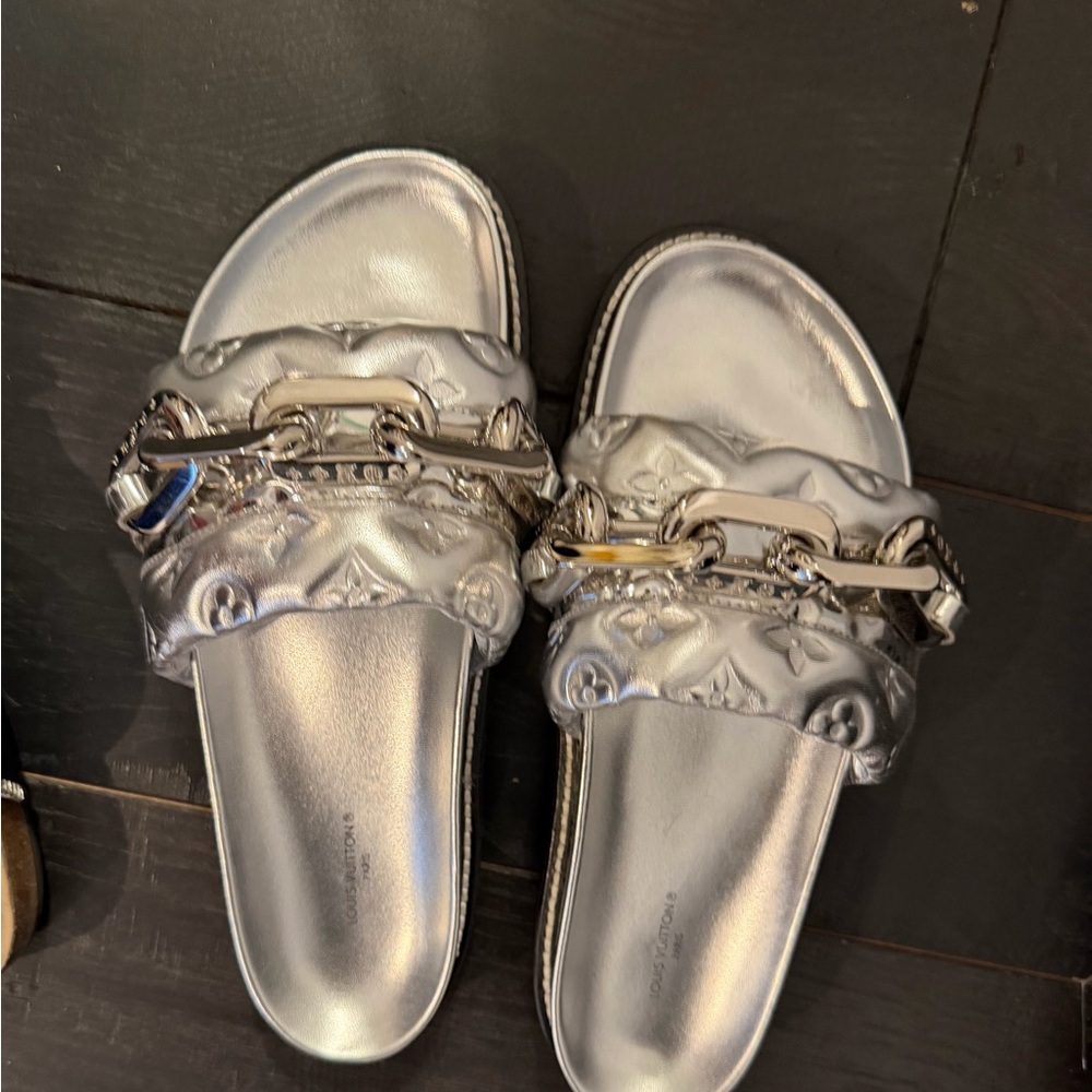 Louis Vuitton Calfskin Embossed Monogram Sunset Flat Comfort Mules